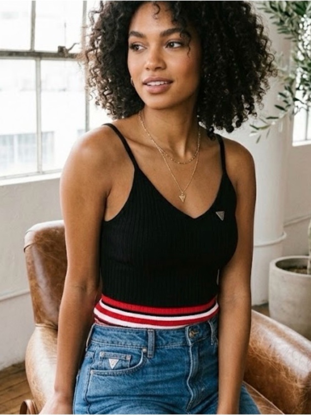 Guess Tank Top – Black Ribbed Knit Top with Red and White Sporty Stripes